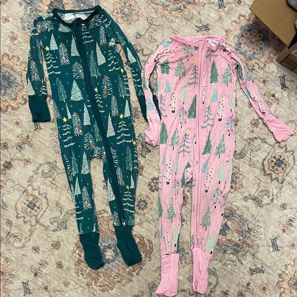 2 Christmas Tree Print One Piece Pajamas- little sleepies 6-12 months Christmas